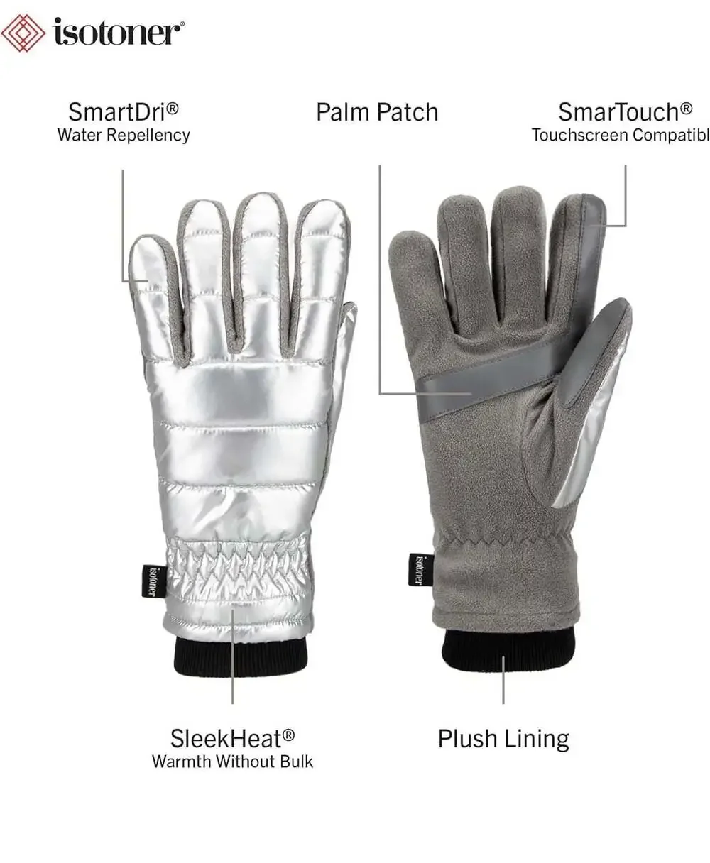 Isotoner Women's SleekHeat Metallic Puffer and Fleece SmartTouch Gloves